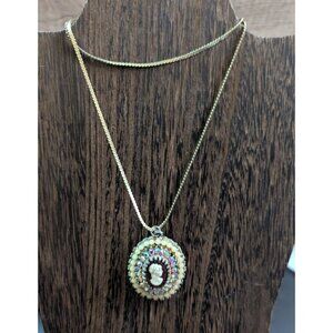 Vintage Cameo Pendant Necklace Beaded Rhinestones Intricate Victorian  Estate